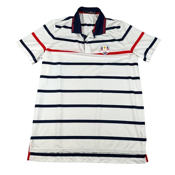 Ralph Lauren RLX Mens L White Stripe Ryder Cup USA 2016 Logo Golf Polo Shirt - Picture 1 of 12
